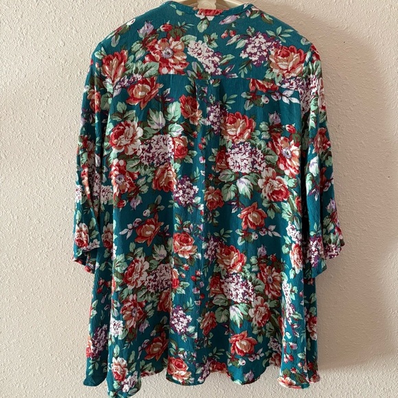 Umgee Floral Boho Dress Keyhole Dark Jade Peasant Tunic Hippie Women’s Size S - Picture 2 of 15
